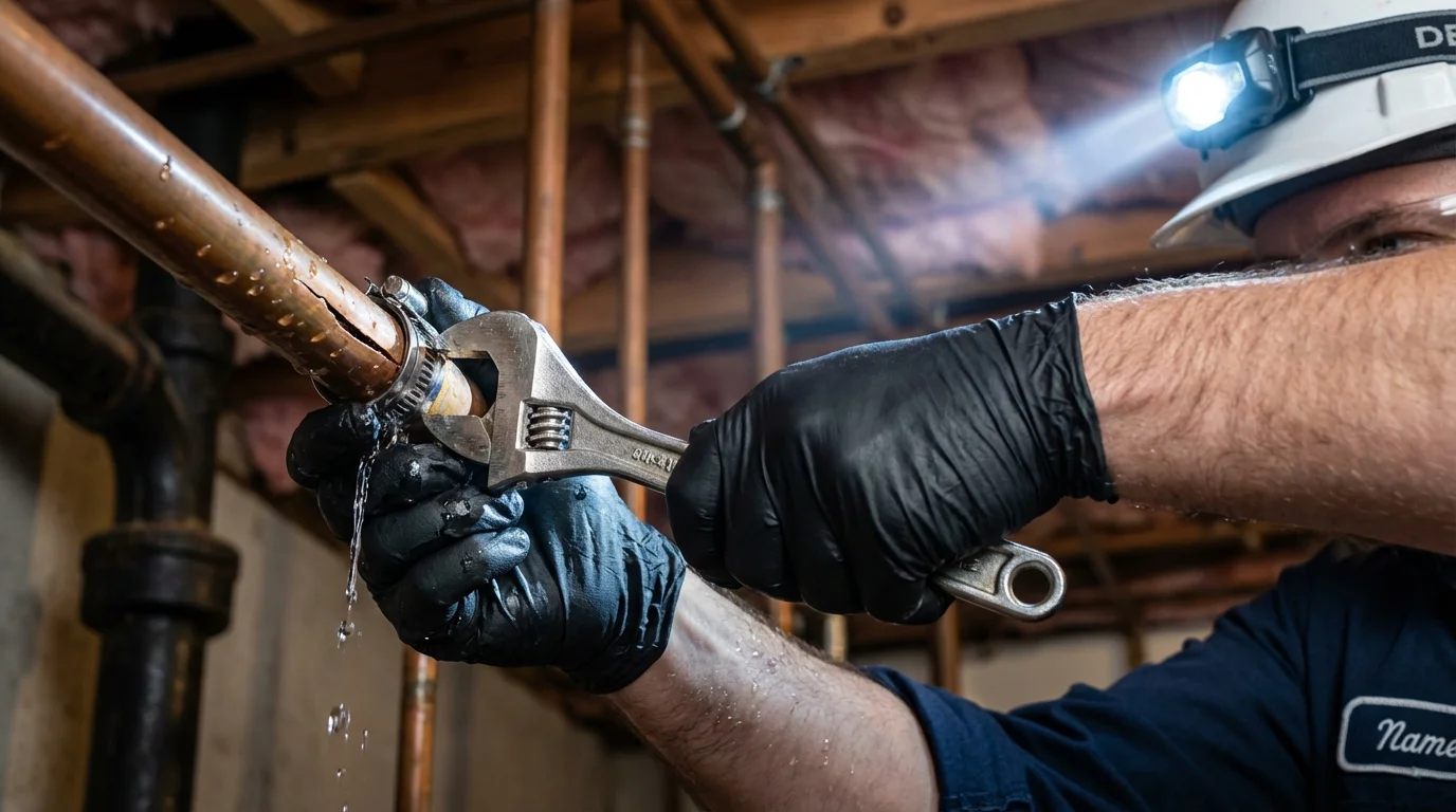 Emergency pipe clamp repair being performed by a Johns Plumbing LLC plumber in Lenoir City
