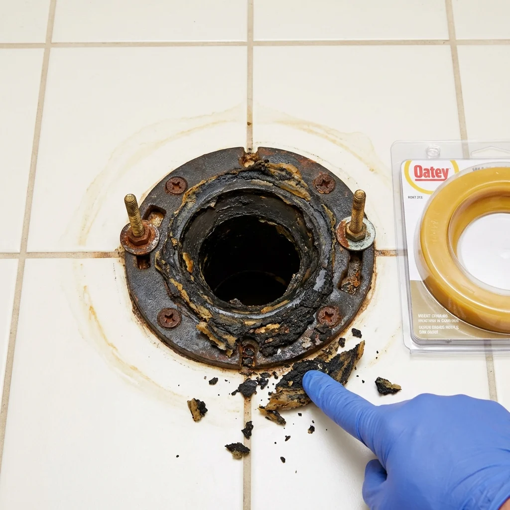Failed wax ring showing water seepage at the base of a toilet in a Lenoir City, TN home