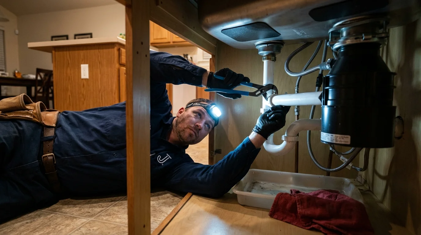 P-trap and supply line connections under a kitchen sink showing a common leak point in Lenoir City, TN